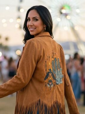 Boho Fringe Faux Suede Jacket with Desert Embroidery - Tan